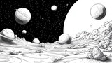 Cosmic landscape featuring various planets, stars, and clouds in black and white illustration. scene evokes sense of wonder and exploration