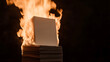 © photo for everything - Stack of papers engulfed in flames against a dark backdrop. Symbolizing loss, destruction, or the purging of ideas. A powerful visual of combustion and ephemerality.