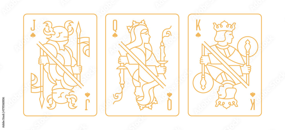 Vector illustration of a Spades suit playing card set: Jack, Queen, King. Classic and elegant design for poker, casino, and entertainment projects.