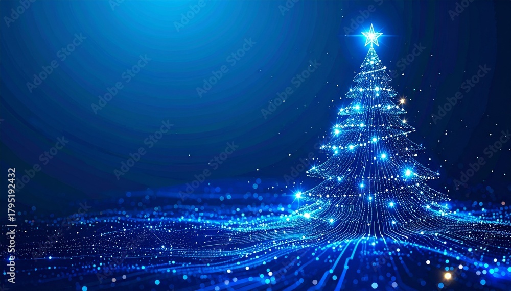 A blue background with an abstract Christmas tree made of glowing ...