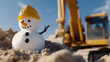 © photo for everything - A whimsically juxtaposed snowman, donning a yellow hard hat, stands amid sandy dunes, with a blurred yellow excavator as a fun winter-meets-construction scene.