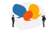 © Lustre Art Group  - Minimal artwork showing two professionals observing large colorful speech bubbles. Concept of communication clarity, dialogue, decision-making and structured team discussion.