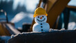© photo for everything - A whimsical snowman, perched on machinery, dons a bright yellow hard hat. The playful scene blends winter charm with construction humor. Winter build in progress.