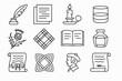 © Іван Ніколов - Burns Night Icons. Burns Night Literary Gathering linear icons: quill pen, poetry manuscript, candle glow, whisky glass, thistle sprig, tartan napkin, open book of verses, ink.