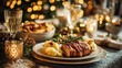 © Happy - A beautifully arranged christmas dinner table with roast chicken, mashed potatoes, and festive decorations creating a cozy holiday ambiance