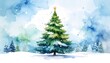 © Daun - Watercolor Christmas scene featuring a snow-covered evergreen tree with a gold star against a wintery blue background