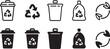 © Design home sara - Black and white line icons showcase waste recycle symbols and containers on a clear background