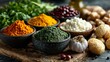 © CreativeSuburb - Colorful indian cooking spices and ingredients on chopping board