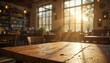 © Pungkas - sunlit rustic wooden table in cozy ambient cafe interior with warm natural light streaming from
