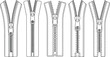 © Sumona - A complete technical flat fashion outline set of various zippers including open, closed, metal, and plastic teeth styles, ideal for apparel design and vector templates.