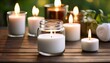 © Melissa - white candles and lit candle in jar on wooden table burning scented for relax
