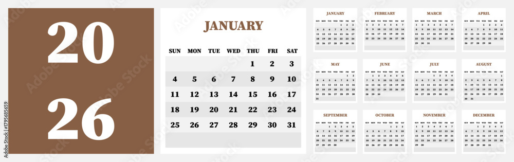 Vector calendar for 2026. Week starts on Sunday. Calendar ready for ...