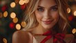 © tito - Woman smiling, holding gift, Christmas lights, festive season, holiday advertising