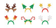 © Alina - Set of Christmas headbands with reindeer antlers, trees, stars, gifts, candy canes and snowflakes. Festive headwear collection. Funny xmas head accessories. Vector flat illustration isolated on white