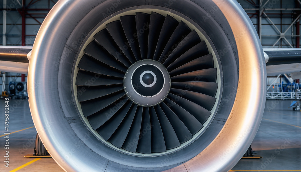 Detailed close-up front view of a powerful aircraft jet engine with ...