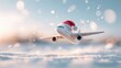© JuliaDorian - Airplane model wearing Santa hat flying over snowy landscape, capturing festive holiday spirit and winter wonderland atmosphere with copy space