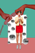 © deagreez - 3d art vertical photo collage of happy girl guy stand eyeball stare control hands exploitation puppet look telephone call