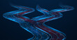 © Ilya - Data flows at a digital interchange. A road junction with dynamic traffic paths. The blue and red lines resemble the tracing of information flows and form the highways of the future.