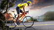 © 103tnn - Cycling. A captivating shot of a helmeted biker riding along an asphalt road, demonstrating the freedom and excitement of road riding. Cycling competitions. Active recreation. Sport.
