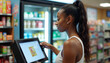 © AlenaSi - Grocery shopping at self checkout with african american woman buying groceries, choosing items on touchscreen. Grocery shopping with modern technology simplifies purchase.