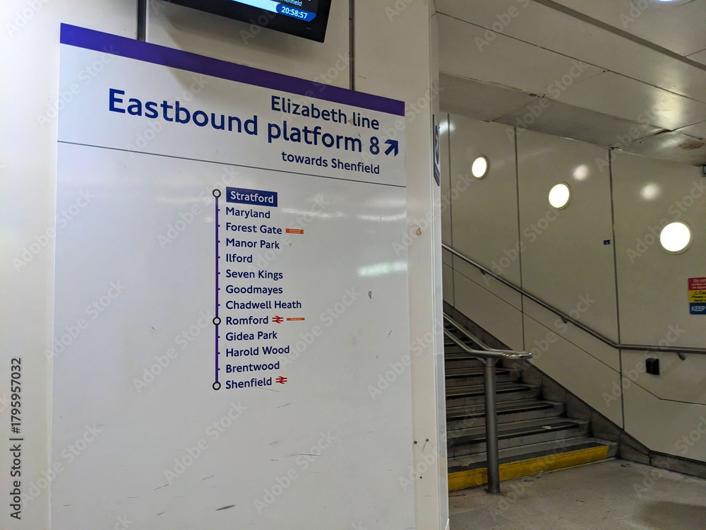 Eastbound Elizabeth Line platform sign at Stratford Station with route ...