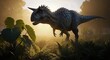 © MMerellinn - A large Carnotaurus walks through tall ferns and broadleaf plants. The lighting is dim, possibly morning light filtering through a dense forest canopy. The area appears warm and humid