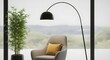 © Dedewijaya - Modern indoor living room with a sleek arc floor lamp and a cozy armchair beside a potted plant