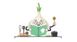© Asha - A Cheerful Garlic Reading a Cookbook with Kitchen Utensils Cooking Illustration