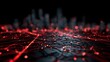 © sungedi - Illuminated digital network structure spreads across a dark surface toward a blurred cityscape silhouette