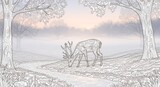 Stylized Deer in Tranquil Forest Scene with Soft Pastel Colors and Artistic Linework