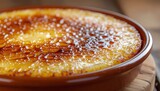 Close-up of a crème brûlée dessert in a brown ceramic dish, showcasing its caramelized sugar crust.