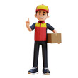 © M Novian F - Friendly cartoon delivery person holding package. wearing red and yellow shirt. pointing finger up