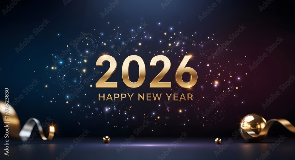 Golden 2026 Happy New Year text with sparkling lights and ribbons image ...