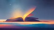 © alprodhk - Digital illustration of an open book with glowing, turning pages, symbolize storytelling, knowledge, or the power of reading. Blue dreamy background, enchanted and magical book