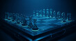 © Anita - Blue-lit glass chessboard gleams under a neon glow, translucent pieces aligned on a slick surface.