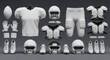 © Siti - Complete American football gear set on muted background, helmet, shoulder pads, gloves, cleats, ball, jersey and pants, symmetrical arrangement, high key lighting, ultra-realistic, modern sports displ