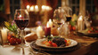 © Anna Studio - Elegantly set table with a glass of red wine, gourmet food, and glowing candles, perfect for a romantic evening meal