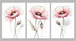 © ArtStock - Watercolor painting of three pink poppies with buds, a floral triptych