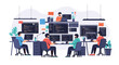 © Kutub - A team of skilled software developers collaborates on coding tasks in a modern office, surrounded by multiple screens displaying programming languages and interfaces.