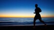 © Sky - Silhouette of running man, athletic figure at sunset by the sea, with vibrant sky and calm ocean, close-up, copy space