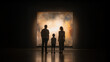 © Hedgehog & Piglet сo - Family silhouettes contemplating huge abstract painting dark museum gallery exhibition back view cultural experience togetherness