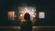 © Hedgehog & Piglet сo - Woman observing abstract bokeh painting dark museum gallery back view silhouette artistic contemplation cultural experience mockup
