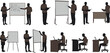 © Hasem Creative - Education silhouettes, teacher student interaction, whiteboard presentation, flip chart, laptop desk, academic scene, black vector icons, learning poses, office training