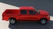 © TAMA - Sleek red pickup truck with a four-door crew cab, captured from an elevated side angle against a minimalist surface