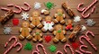 © MeivieAneke - Festive gingerbread men and candy canes on a rustic wooden surface for christmas