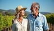 © Vadym - Elderly man and woman happily gaze at each other in vineyard estate. Couple enjoys sunny day outdoors among grapevines, reflecting a fulfilling life.