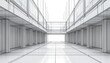 © Vadym - Modern building corridor wireframe. Abstract architecture structure with glass facade and concrete pillars. Empty interior space with reflective floor and bright light.