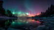 © 3D Demo Stock - River frozen under aurora colors, panoramic composition and cosmic winter calm
