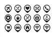 © ALI - Black and white map marker set with travel, dining, taxi, and utility symbols