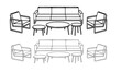 © sujata - Modern Living Room Furniture Outline Set, Contemporary Sofa, Armchairs, and Coffee Tables for Interior Design Layout, Technical Drawing Vector